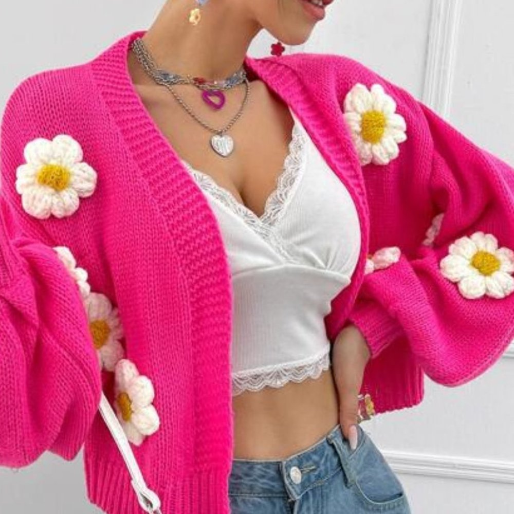 Hot Pink Floral Bishop Sleeved Sweater Cardigan - Picture 8 of 8